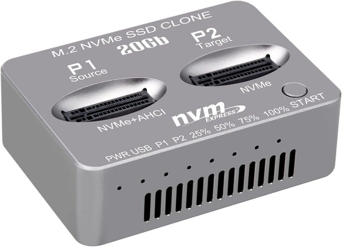 Dual-Bay M.2 NVMe SSD Kloner Dockingstation USB-C 20Gbps Offline Duplicator