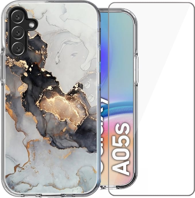 Hoesje geschikt voor Samsung Galaxy A05s - Screen Protector Glas - Back Cover Marmer Siliconen Case Wit & Screenprotector