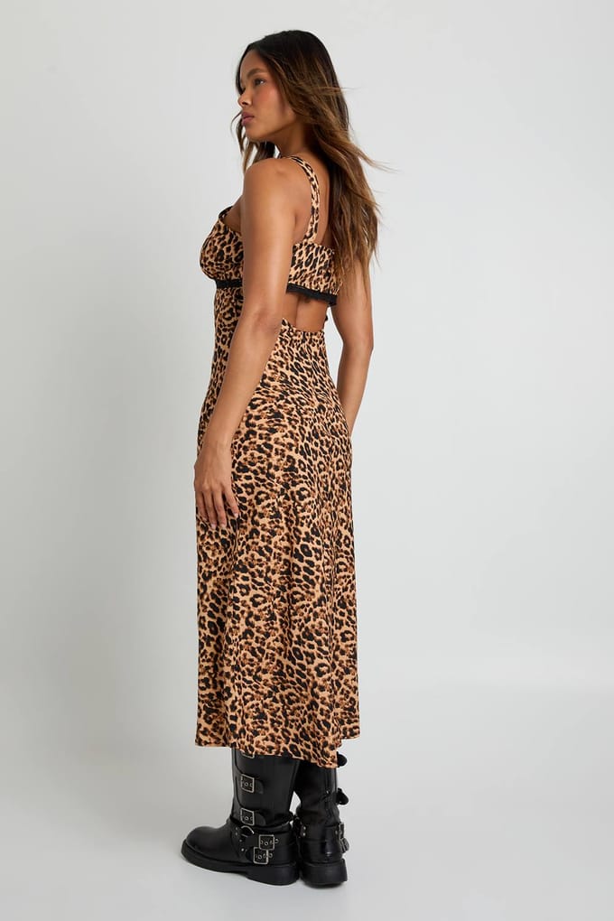 boohoo Dames Leopard V-hals slipjurk met kantafwerking midaxi | Maat: 8