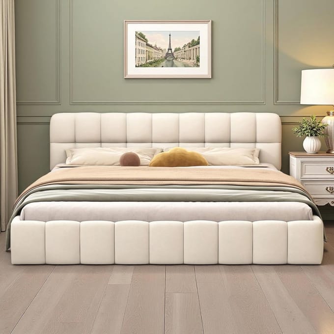 Gestoffeerd tweepersoonsbed 160x200cm met lattenbodem en rugleuning - Beige