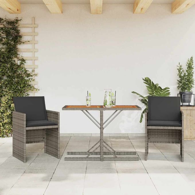 vidaXL - 3-delige - Bistroset - met - kussens - poly - rattan - grijs