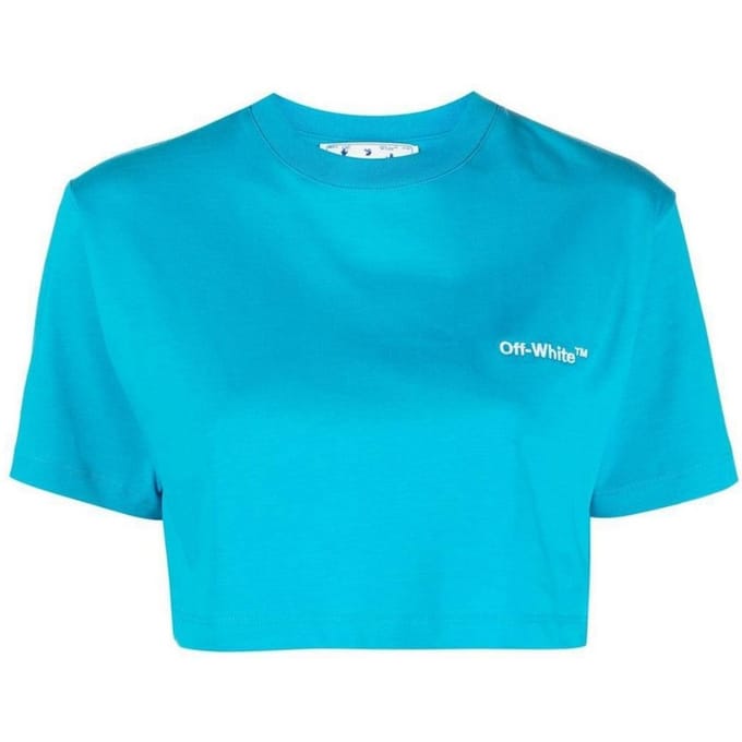 Off White Dames Helvetica Crop T-Shirt (Blauw)