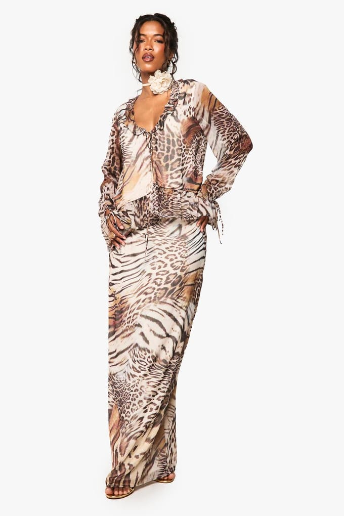 boohoo Dames Animal Chiffon Ruffle Blouse | Bruin | Maat: 36
