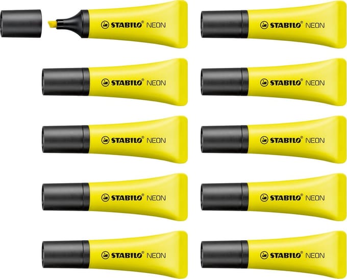 STABILO NEON - Markeerstift - Unieke Tube Vorm - Geel - Doos à 10 Stuks