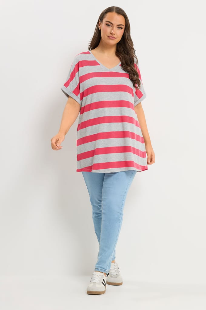 Yours Roze En Grijze Gestreepte Top Size 50-52