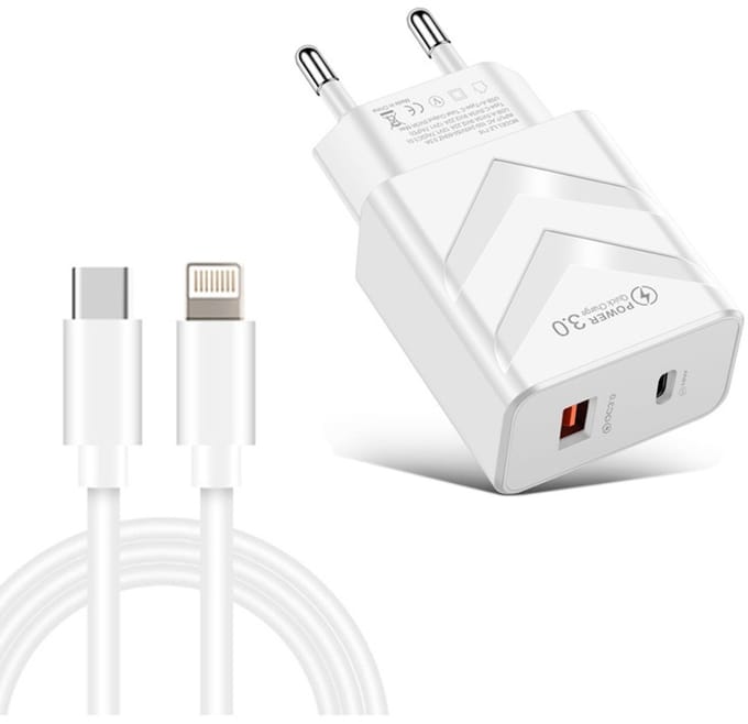 20W Snellader - PD 3.0 + QC 3.0 Dual-Port Reislader - Incl. 1 meter USB-C naar 8-Pin kabel - Compacte Adapter Lader - USB-C + USB-A - wit