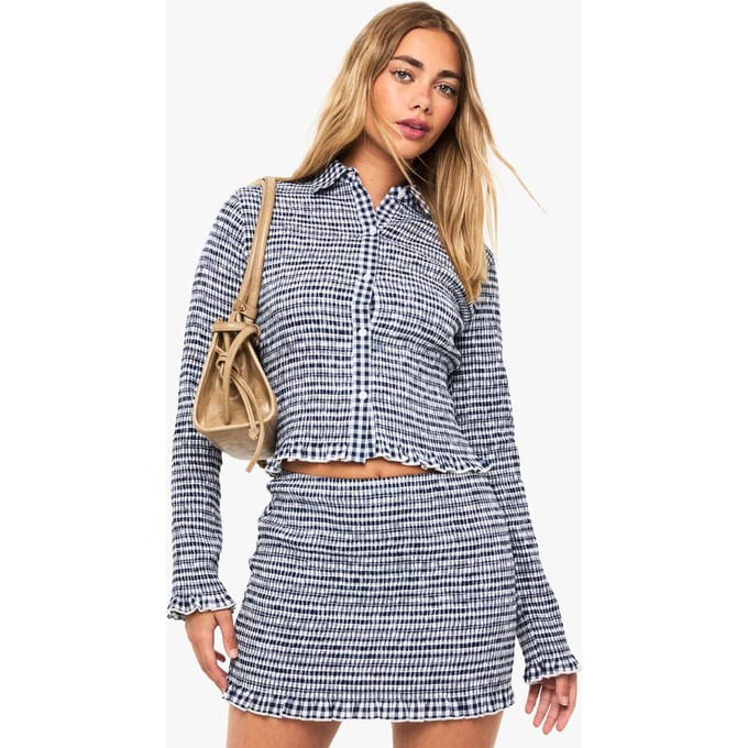 boohoo Dames Smocked Gingham Mini Skirt | Navy | Maat: 10