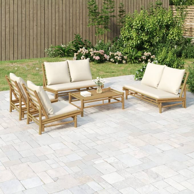 vidaXL - 5-delige - Loungeset - met - kussens - bamboe - crèmewit