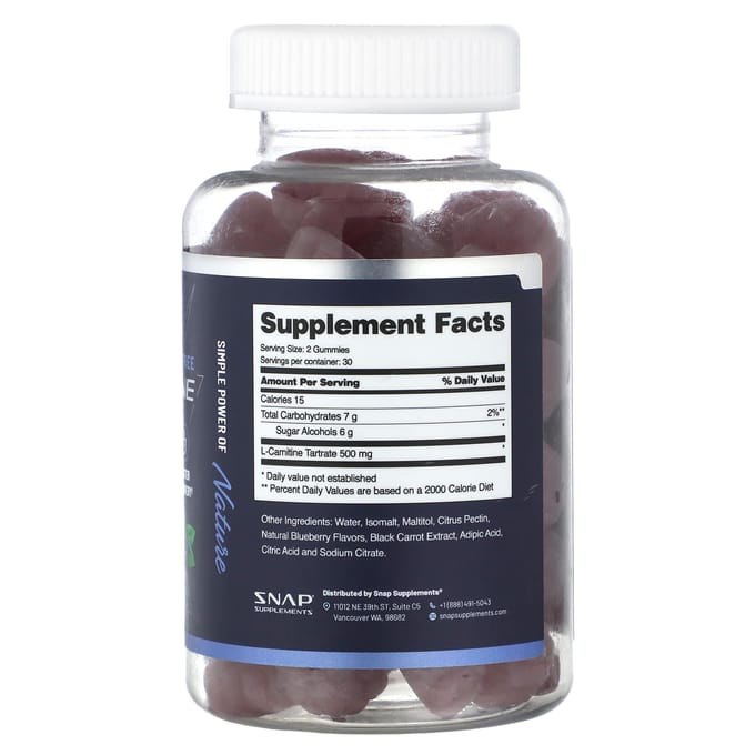Snap Supplements, l-carnitine gummies, suikervrij, bosbes, 60 gummies