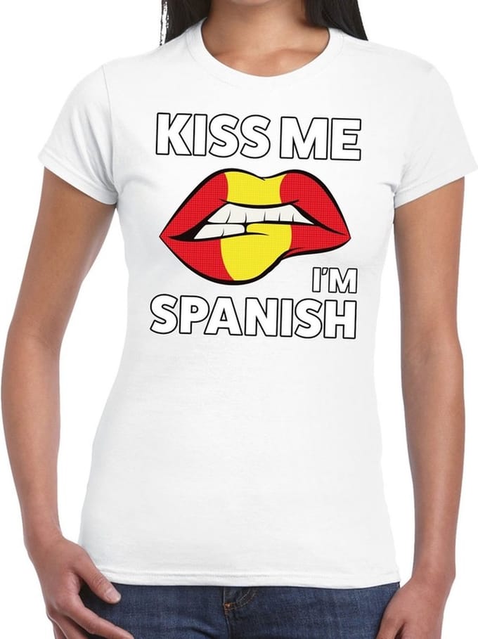 Kiss me I am Spanish t-shirt wit dames - feest shirts dames - Spanje kleding M