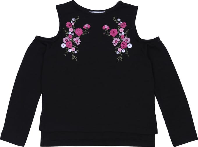 Zwarte trui met bloemen, uitgesneden schouders