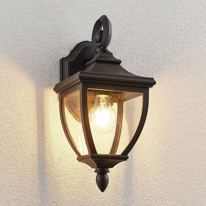 Lindby - Wandlamp buiten - 1licht - Plastic - H: 37.2 cm - E27 - zwart, goud, helder