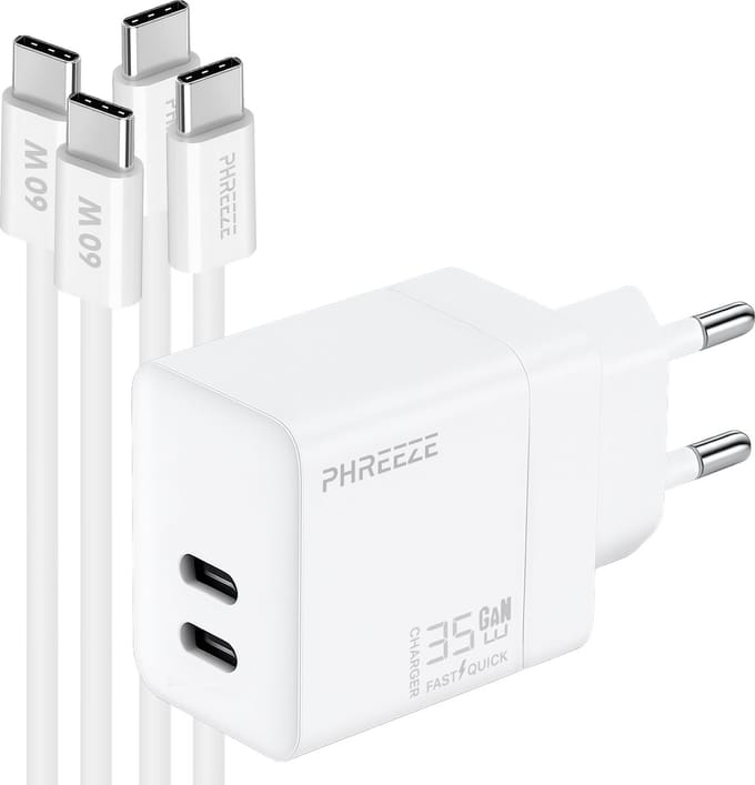 Phreeze usb C oplaadset 35 W - GaN charger met 2x usb C naar usb C kabels - Snellader