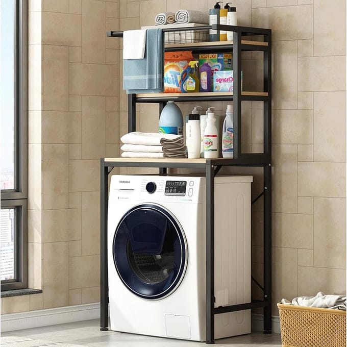 3-Laags Wasmachine Opzetrek met Hout en Metaal - Ruimtebesparende Badkamerplank
