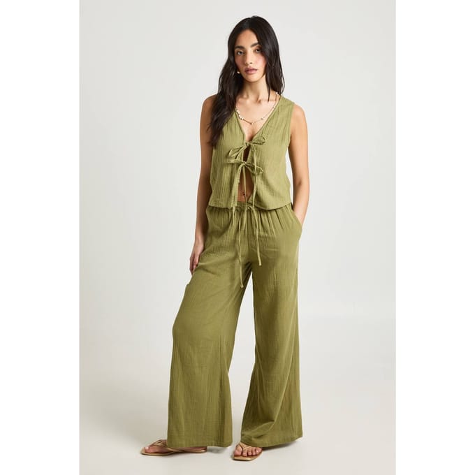 boohoo Dames Wijde Broek Van Kaasdoek Met Elastische Taille | Kaki | Maat: 38
