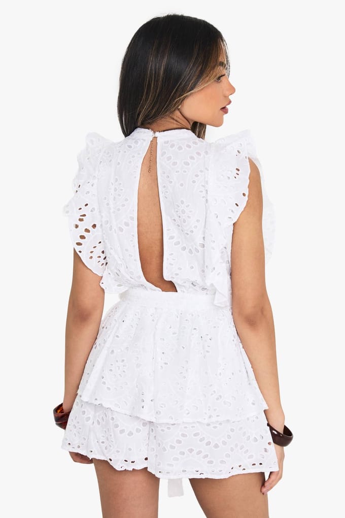 boohoo Dames Broderie Ruffle Playsuit | Wit | Maat: 44