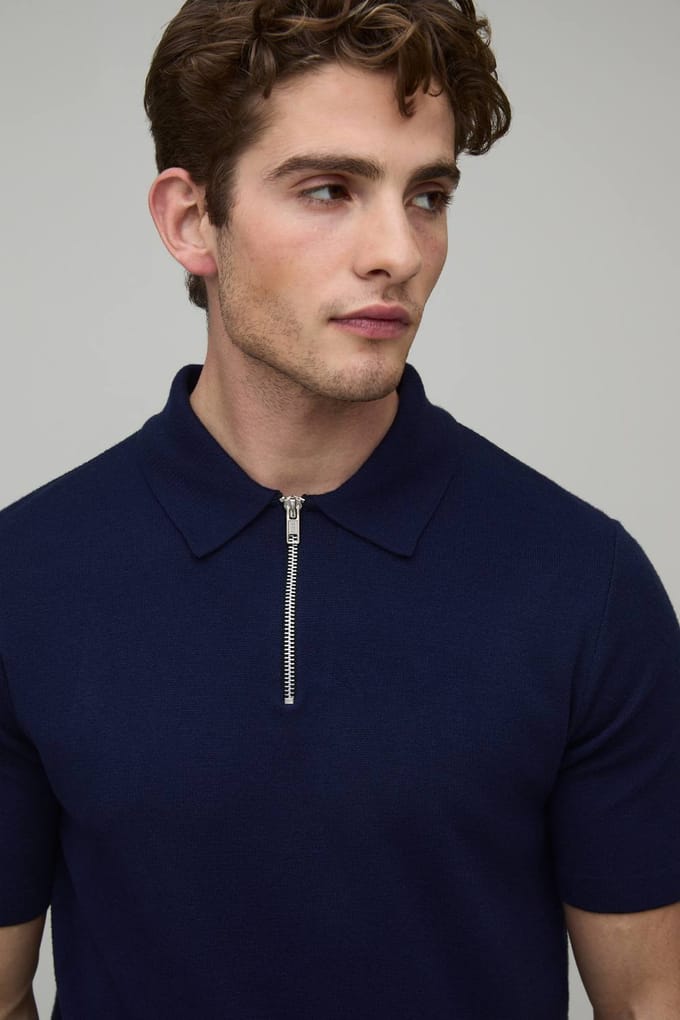 Essential Muscle Fit Soft Touch 1/4 Zip Knitted Polo T-Shirt | Navy | Size Medium