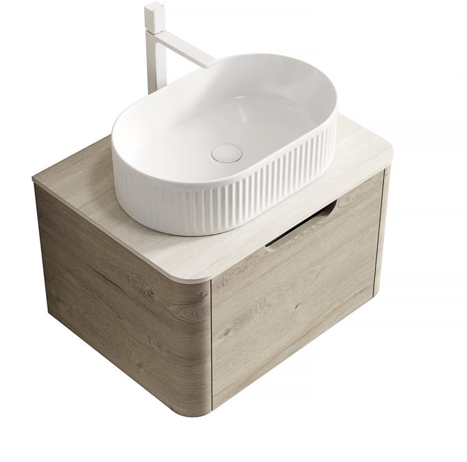 MODFU Badkamermeubel - Ovale Keramische Wastafel En Softclose Lade - Gebogen Ontwerp - Sintersteen En Multiplex - Beige En Wit