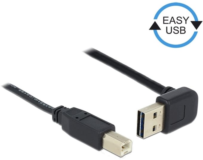 Easy-USB-A haaks (boven/beneden) naar USB-B kabel - USB2.0 - tot 2A / zwart - 0,50 meter