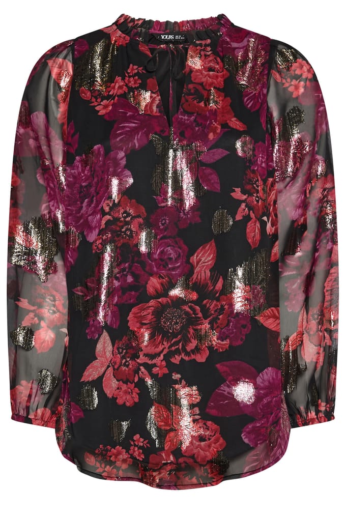 Yours Zwarte Blouse Met Bloemenprint En Ruches Bij De Hals Size 48