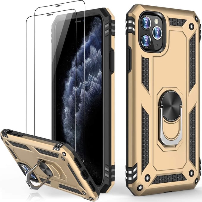 Telefoonhoesje Geschikt voor: iPhone 12 Pro Max hoesje Schokbestendige ring armor met 2X Glas Screenprotector goud