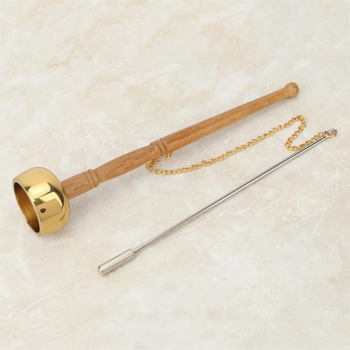 Boeddhisme Houten Handvat Messing Handbel Zingend Schrift Implement Boeddhistische Benodigdheden beige