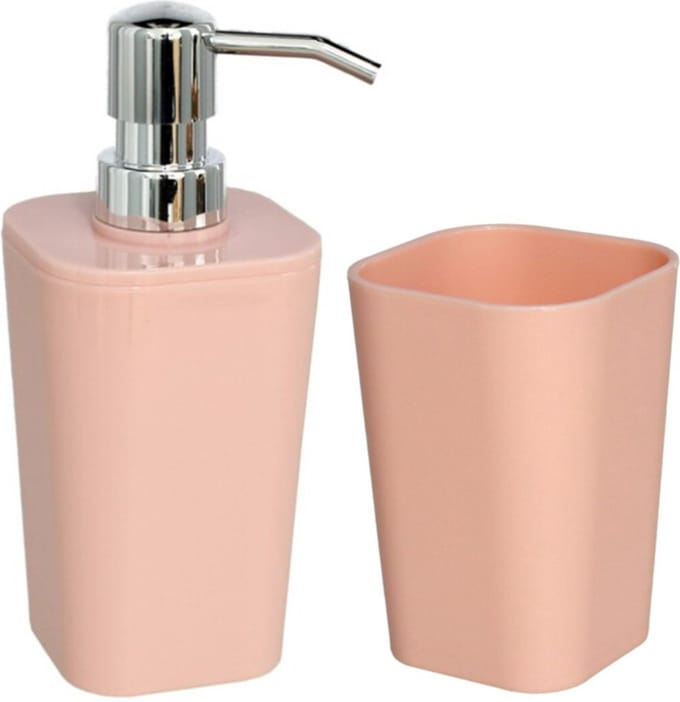 Gerim Zeeppompje/dispenser - kunststof - zalmroze - incl. tandenborstelhouder