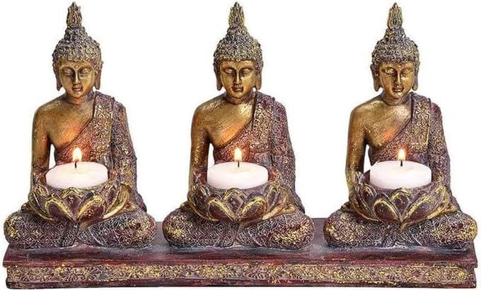 Drie Gouden Buddha's Theelichthouder - voor drie waxinelichtjes