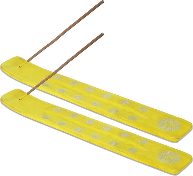 Famanu - Set van 2 houten wierookhouders geel, traditioneel handgemaakt design