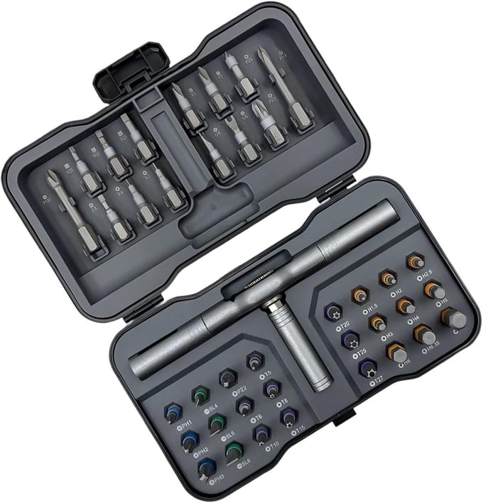 Ratelschroevendraaier Set - Precisie Bits - Klusjes Thuis - Compact Opbergkoffer - 38 Delig - Grijs
