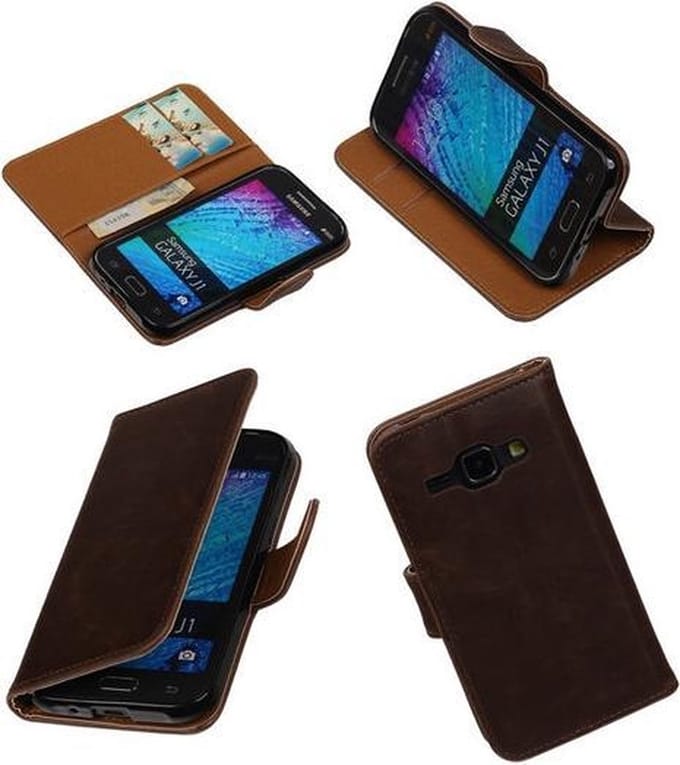 Mocca vintage lederlook bookcase voor de Samsung Galaxy J1 hoesje