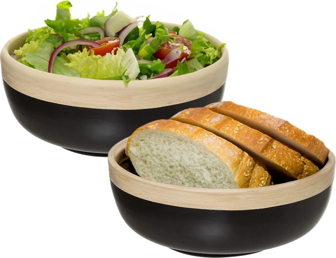 5Five - 2x - serveerschaal/saladeschaal - zwart - bamboe - 20 x 8 cm - rond