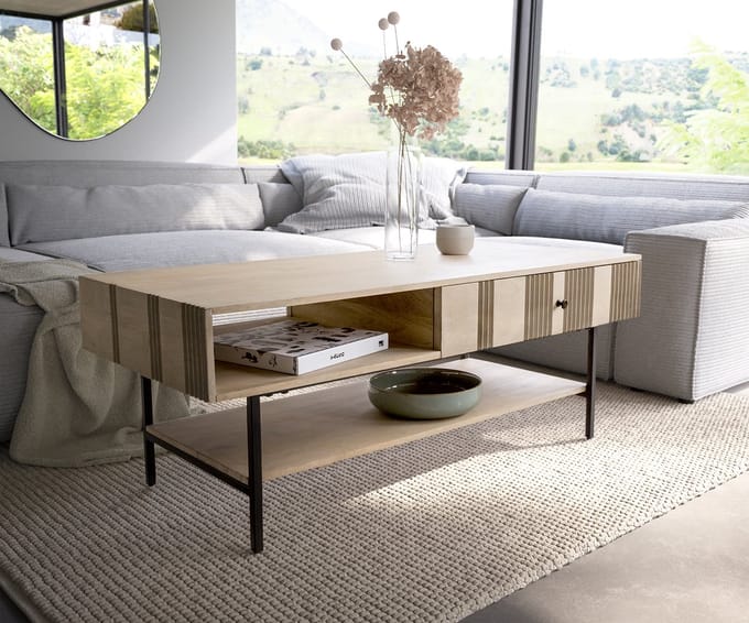 Salontafel Nereos 130x60 cm Mango White Wash metaal zwart
