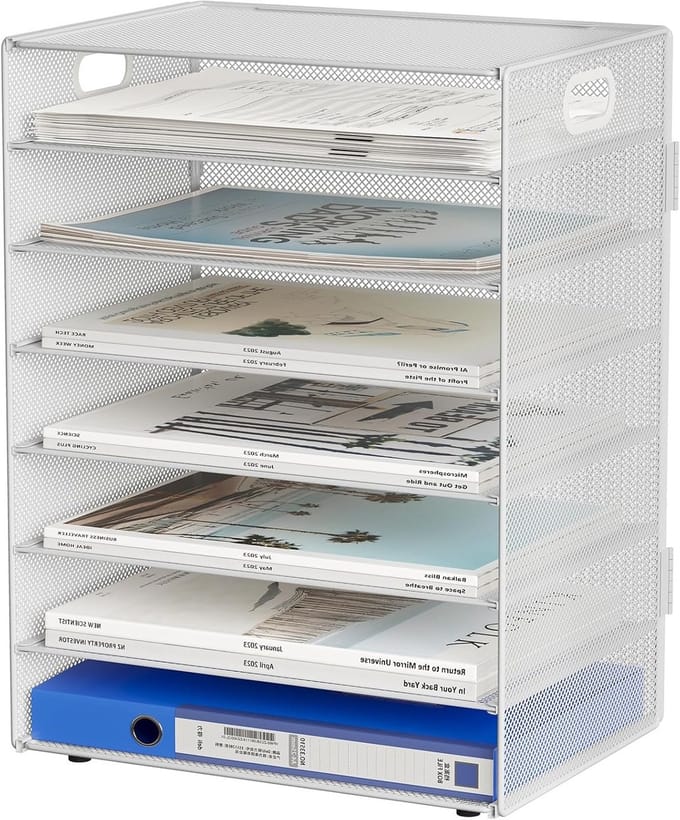7-Laags A4 Bureau Mesh Tray - Desk Organizer voor Documenten, Tijdschriften en Kantoorbenodigdheden, Wit