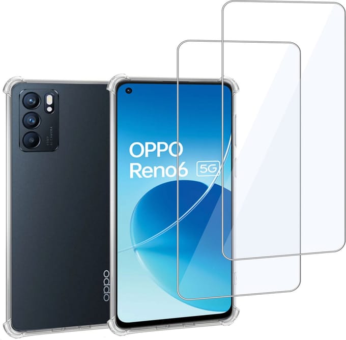 Geschikt voor OPPO Reno 6 - Hoesje + 2x Screenprotector – Gehard Glas Cover + Shock Proof Case – Transparant