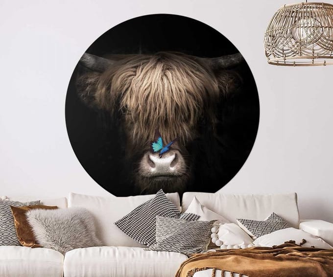 Behangcirkel 60cm Schotse hooglander met vlinder - Wallz