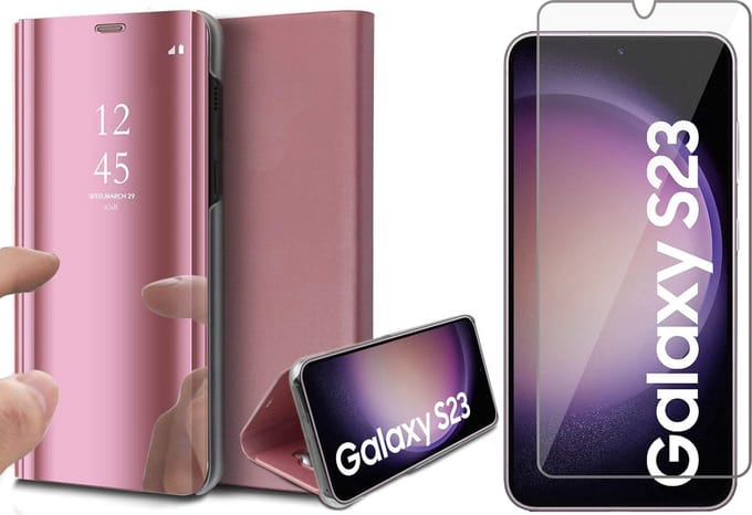 Hoesje geschikt voor Samsung Galaxy S23 - Screen Protector GlassGuard - Book Case Spiegel Roségoud & Screenprotector
