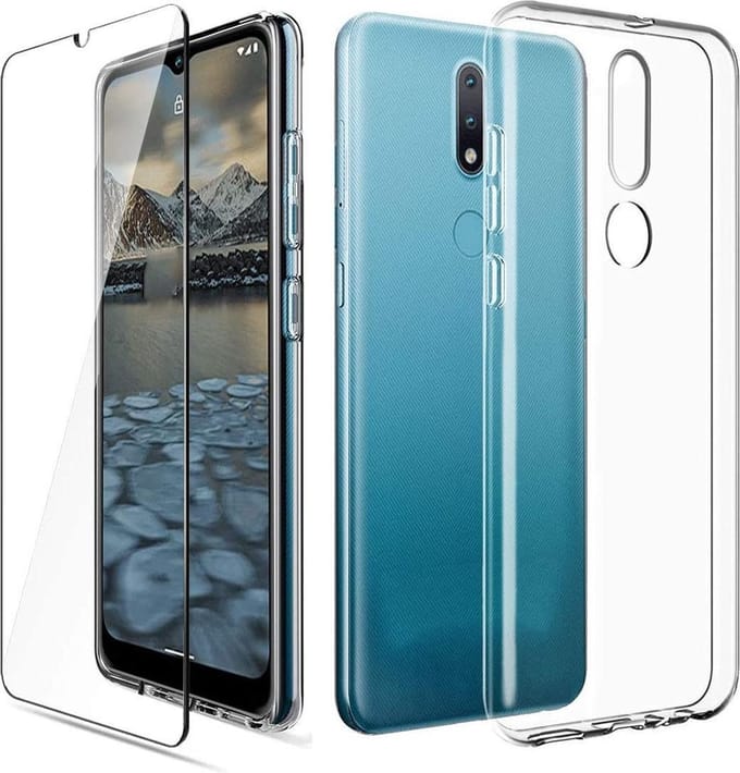 HB Hoesje en Glas Geschikt voor Nokia 2.4 Transparant - Siliconen Back Cover + 1x Glazen Screenprotector