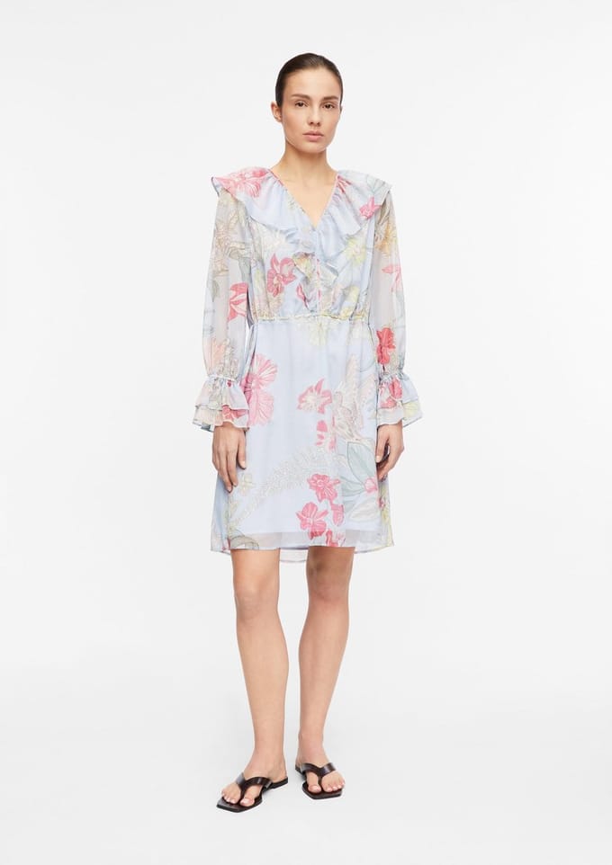 Langarmige jurk met volant en textuurprint dames COMMA