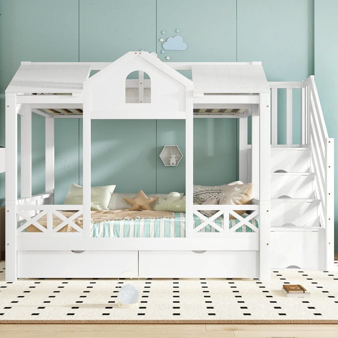 Sweiko Stapelbed - 90x200cm & 140x200cm - 2 lades - Opbergruimte - Grenenhout + MDF - Kinderbed - Wit