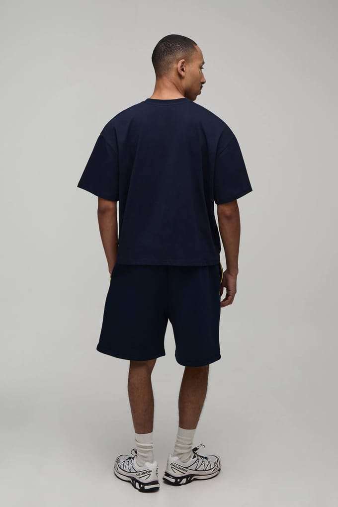 Oversized Boxy T-shirt & Baggy Short Set Met Contrasterende Biesjes | Navy | Size Medium