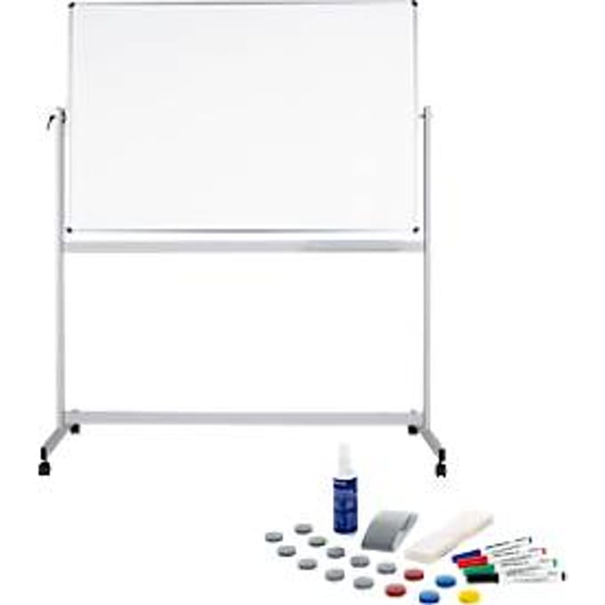 Verrijdbaar whiteboard Maul MAULstandaard, 1000 x 2000 mm, 2-zijdig, draaibaar + whiteboard accessoireset, 31 stuks