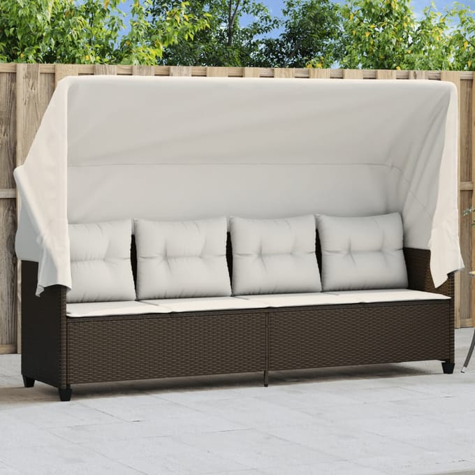 vidaXL - Ligbed - met - luifel - en - kussens - poly - rattan - bruin