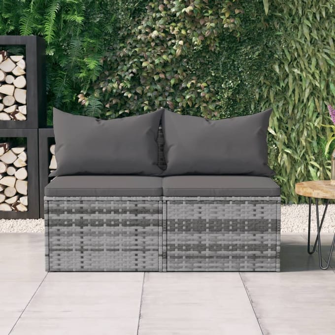 vidaXL - Tuinmiddenbank - met - kussens - 2 - st - poly - rattan - grijs