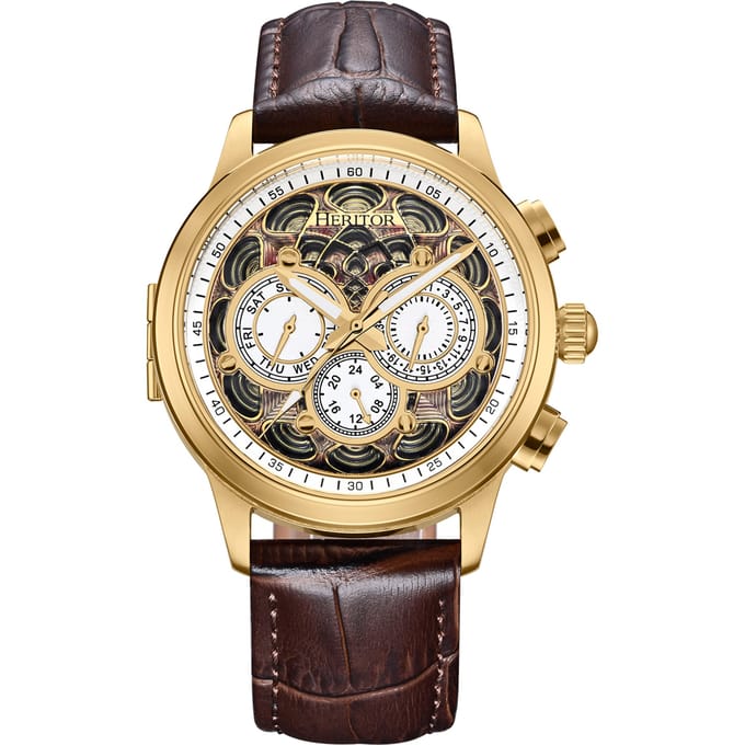 Heritor Automatic Apostle horloge met leren band en dag-/datumfunctie - goud/bruin