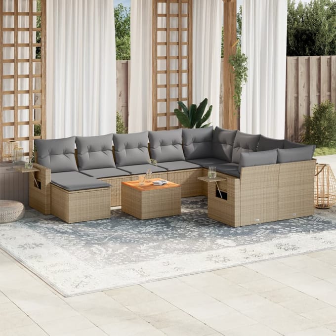 vidaXL - 11-delige - Loungeset - met - kussens - poly - rattan - gemengd - beige