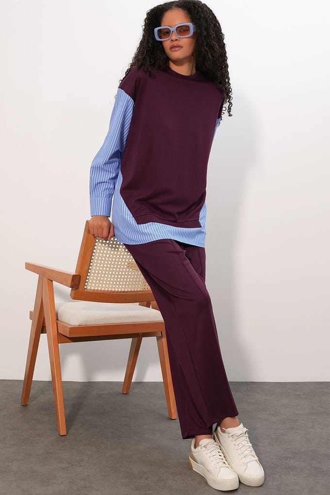 Gestreepte Lange Crew Neck Twee-Delige Coördineer Set