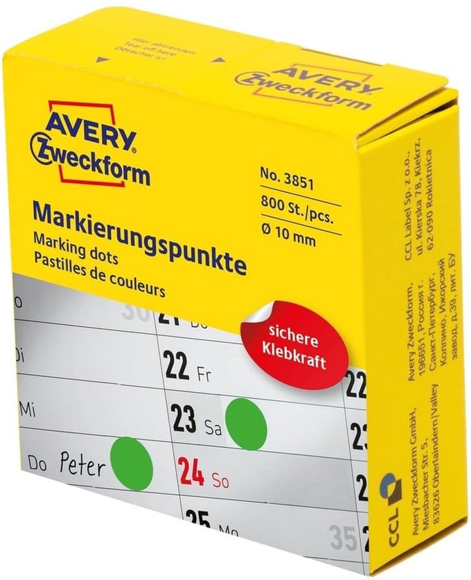 Avery-Zweckform 3851 Etiketten voor markeringspunten Ø 10 mm Groen 800 stuk(s) Permanent hechtend Papier