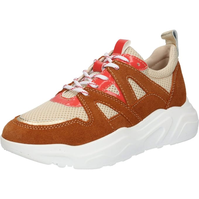 PS Poelman Year Dames Leren Chunky Runner Sneaker van Mesh en Suéde - Bruin Beige Rood - Maat 42