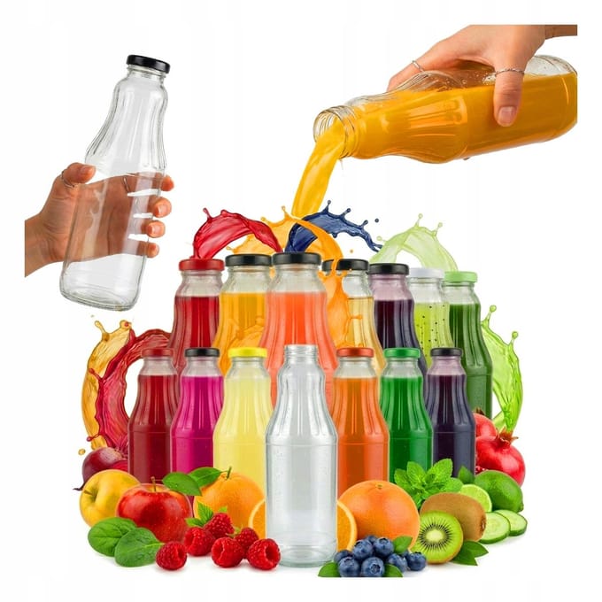 60x FRUIT Glazen Flessen 1L Sap Melkfles 1000ml + Deksel